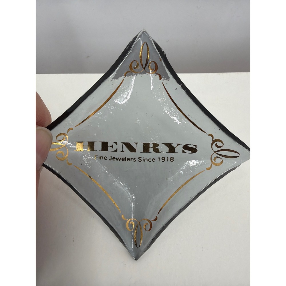 Henrys Fine Jewelers Vintage Glass Trinket Dish Diamond Shaped MCM